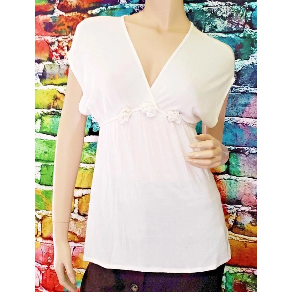 Y2K 2000s Forever 21 XXI Babydoll Coquette Milkmaid Peasant White Deep V Neck S